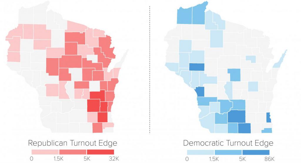 Democratic turnout in the primary for governor exceeded Republican turnout in the primary for U.S. Senate in 33 out of Wisconsin's 72 counties, with the largest block in southern and western Wisconsin. Map by John K. Wilson/WPR based on unofficial election results from the Associated Press.