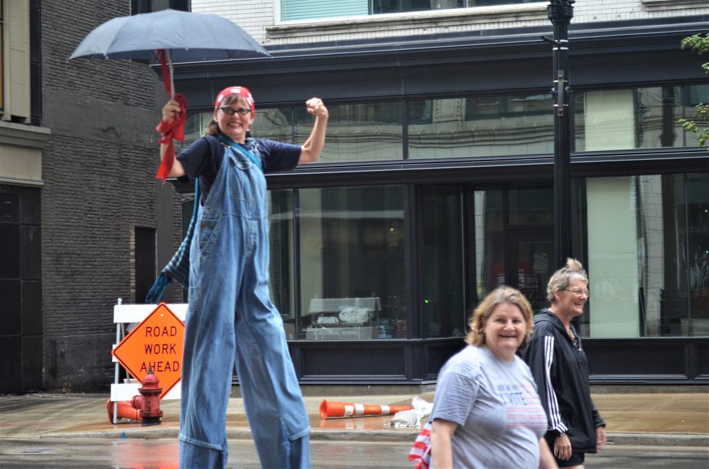 Rosie the Riveter on Stilts at Labor Day Parade 2018. Photo by Jack Fennimore.