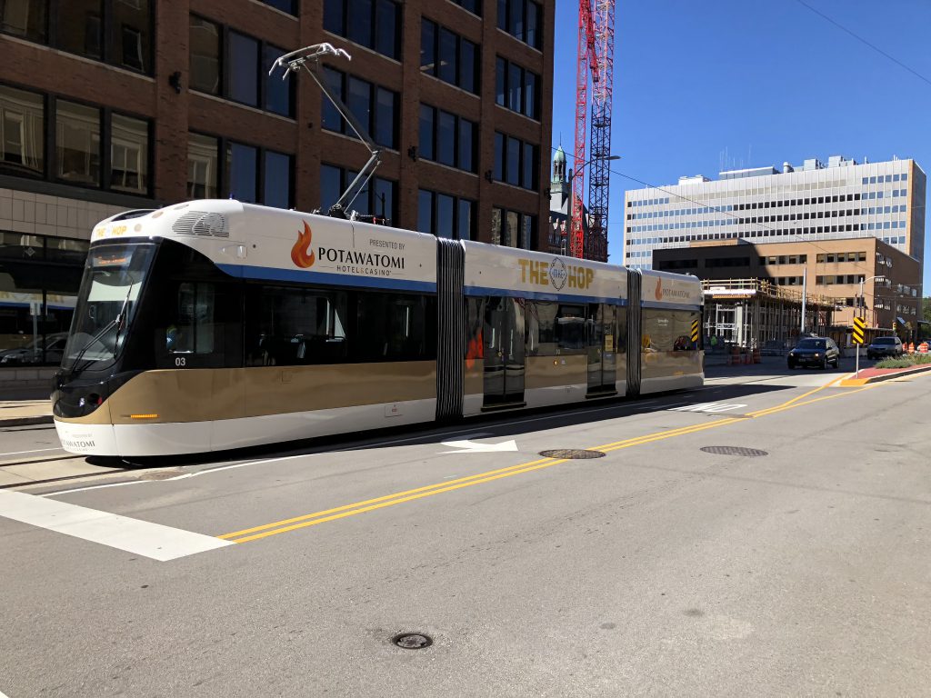 The Hop, Milwaukee's streetcar, pictured on N. Broadway during testing. Photo by Jeramey Jannene.