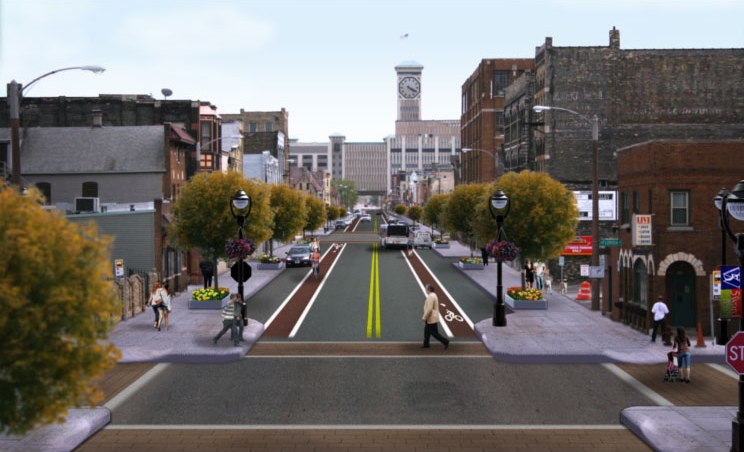 This rendering of S. 2nd Street includes a variety of features of a "Complete Street." Many, such as wider sidewalks, street trees and bike lanes, were incorporated in the streets' reconstruction in 2010. Rendering by Kieran Sweeney.