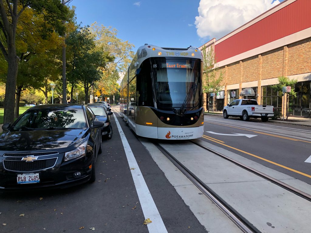 A streetcar passing the location of the collision. Photo by Jeramey Jannene.
