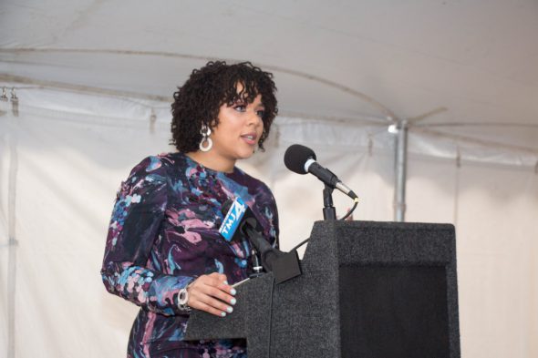 Melissa Goins at the groundbreaking for the Garfield Street School redevelopment and The Griot Apartments. Photo by Justin Gordon.