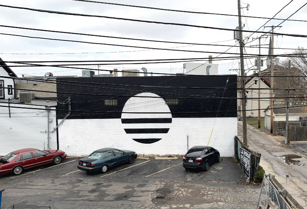 Balck and white People's Flag mural taken from back porch. Photo by Tom Bamberger.