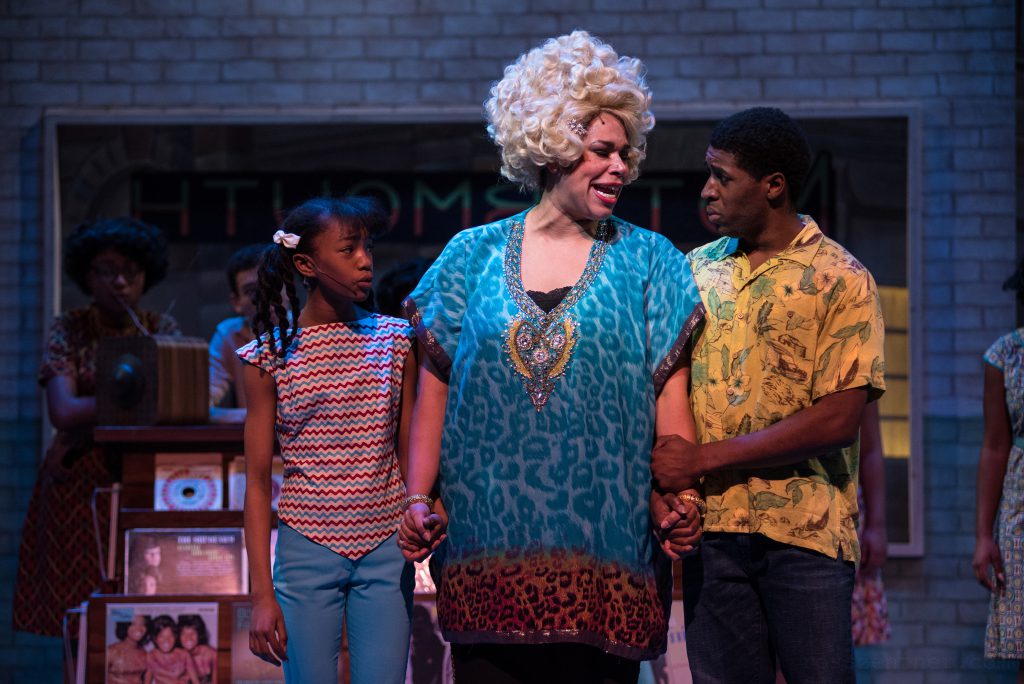 (l. to r.) Terynn Erby-Walker (Little Inez), Bethany Thomas (Motormouth Maybelle) and Gilbert Domally (Seaweed J. Stubbs) in rehearsal for Skylight Music Theatre’s production of Hairspray November 16 – December 30. Photo by Ross Zentner.