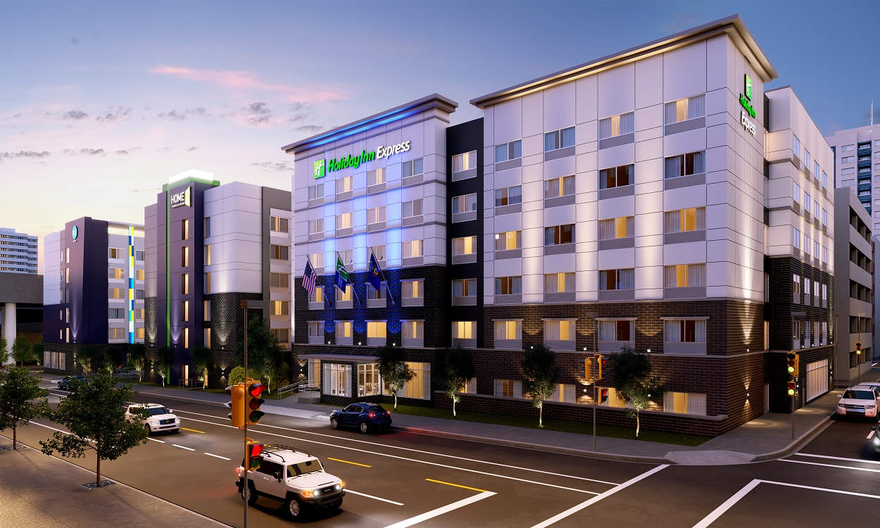 Holiday Inn Express, Home2 by Hilton and Tru by Hilton Hotels. Rendering by Base4.