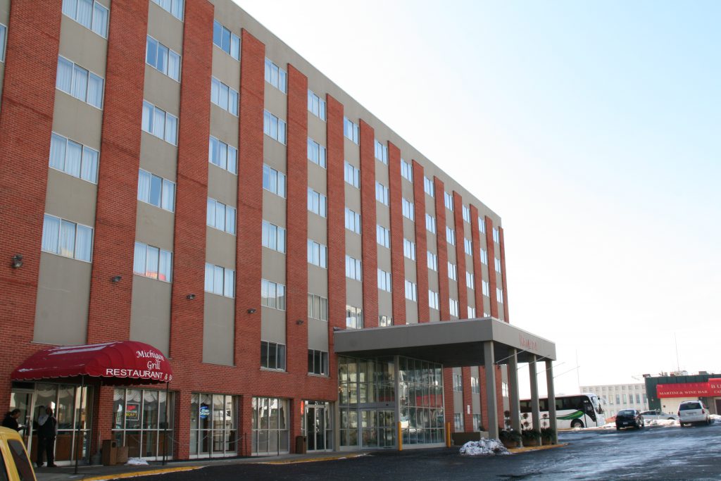 The Ramada Milwaukee Downtown in 2015. Marquette later acquired the building and land to the west, considering it for an arena. Photo by Jeramey Jannene.