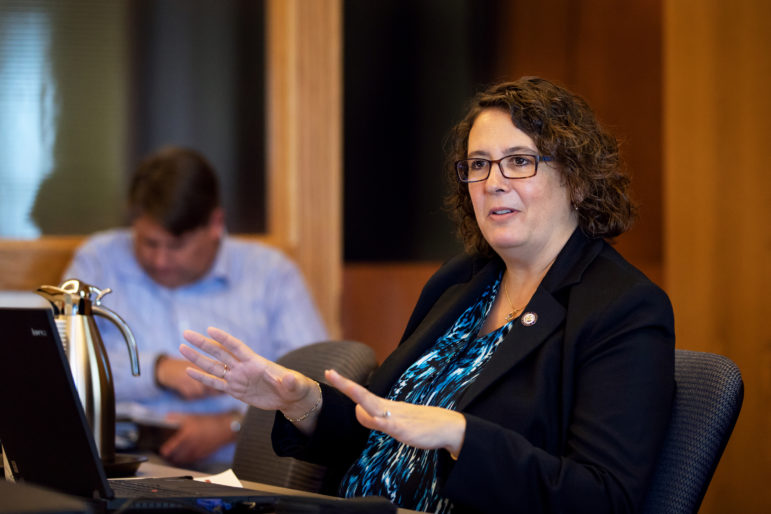 Constance Kostelac, director of the state Department of Justice’s Bureau of Justice Information and Analysis, says seven Wisconsin counties are implementing a coordinated pretrial reform pilot. Here, Kostelac presents at an Oct. 16, 2018, meeting for the Legislative Study Committee on Bail and Conditions of Pretrial Release. Photo by Emily Hamer / Wisconsin Center for Investigative Journalism.
