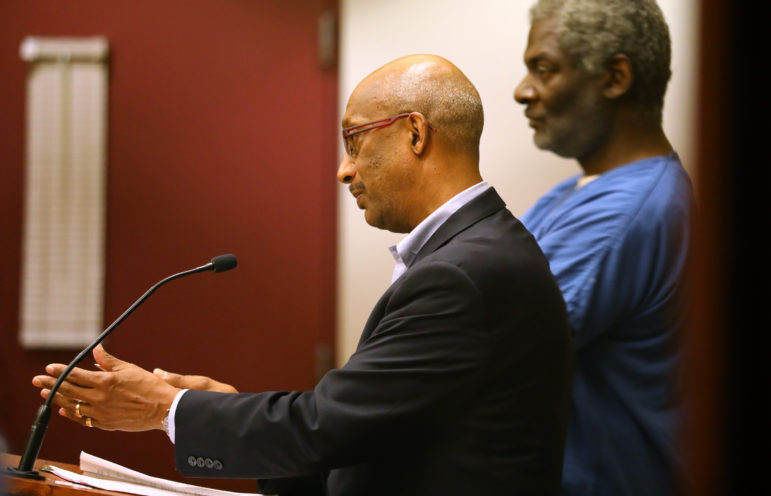 Assistant state public defender Stanley Woodard represents a client as bail is set during initial appearance court at the Dane County Public Safety Building on May 25, 2018. Woodard says he represents poor people who cannot afford cash bail who probably do not need to be in jail. Photo by Coburn Dukehart / Wisconsin Center for Investigative Journalism.