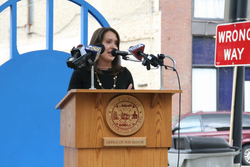 Karen Dettmer speaking at Postman Square ribbon cutting. Photo taken July 12th, 2016 by Jeramey Jannene. All Rights Reserved.