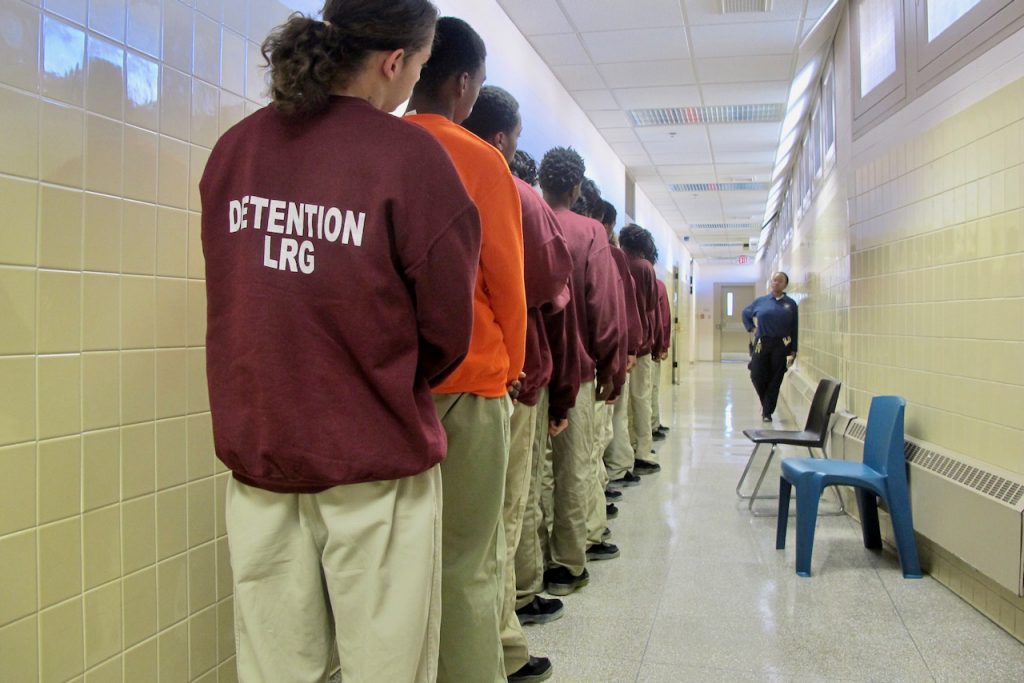 Youth line up outside of a classroom at the Vel R. Phillips Youth Detention Center, 10201 W. Plankington Rd., as part of the Milwaukee County Accountability Program (MCAP), an alternative placement to Lincoln Hills. Photo by Edgar Mendez/NNS.