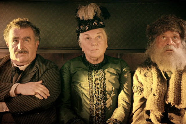 Saul Rubinek, Tyne Daly, and Chelcie Ross (left to right) share an unnatural stagecoach ride in 'The Ballad of Buster Scruggs.' Photo credit: Netflix.