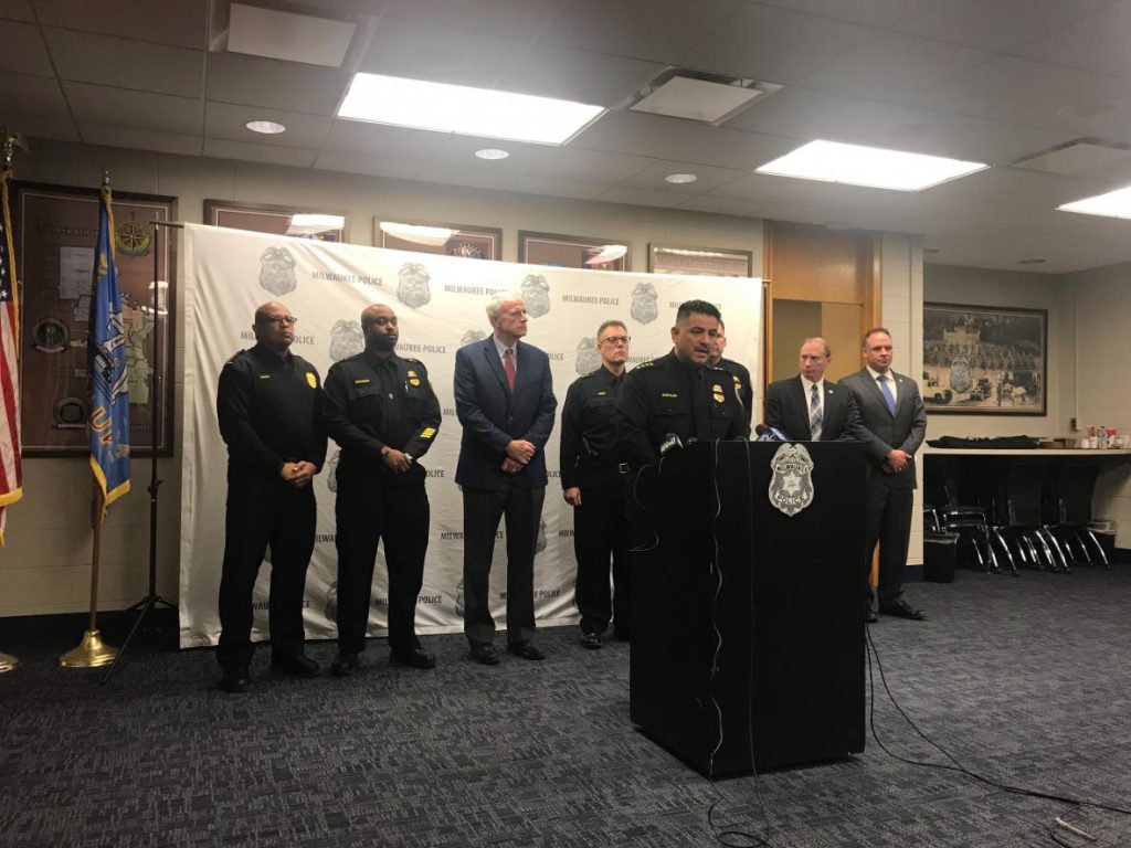 Milwaukee Police Chief Alfonso Morales, center, speaks at an evening press conference Wednesday, Feb. 6, 2019 about the officer who was shot and killed serving a search warrant earlier in the day. Photo by Corri Hess/WPR.