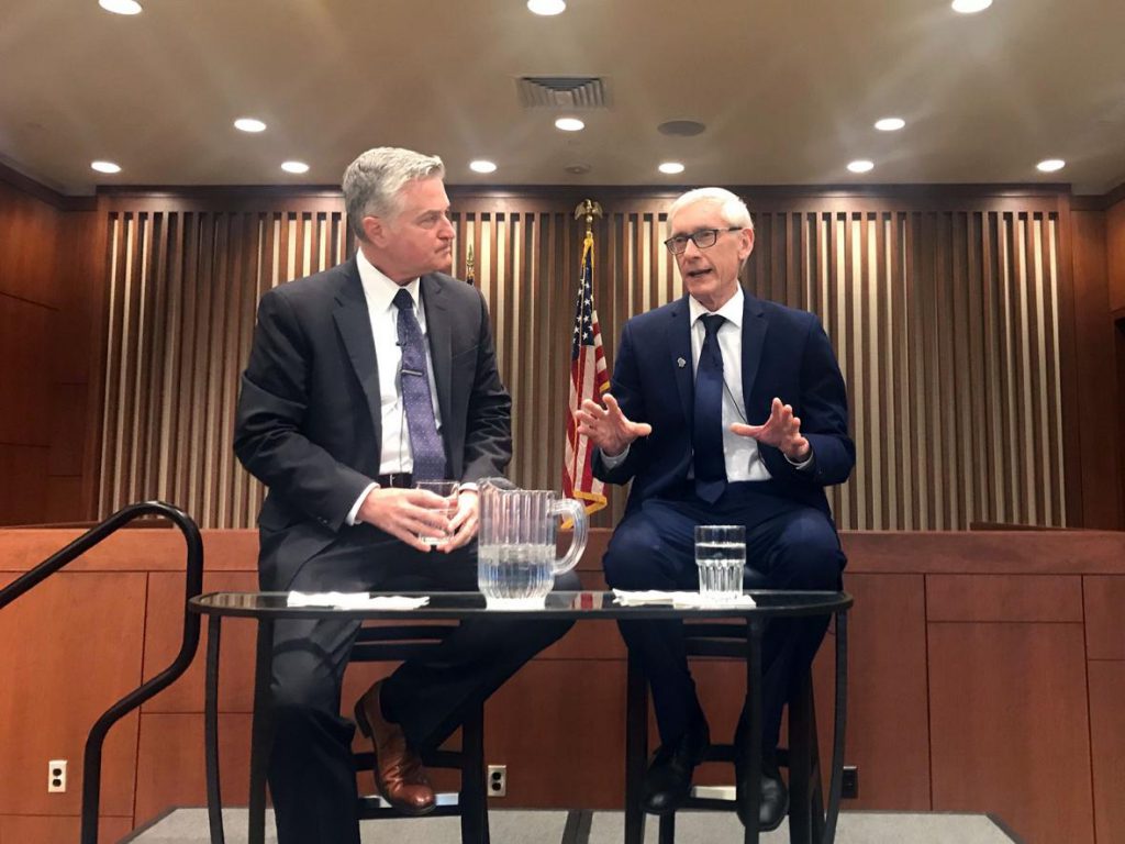 Journalist Mike Gousha and Gov. Tony Evers at Marquette University Tuesday, Feb. 19, 2019. Photo by Corri Hess/WPR.