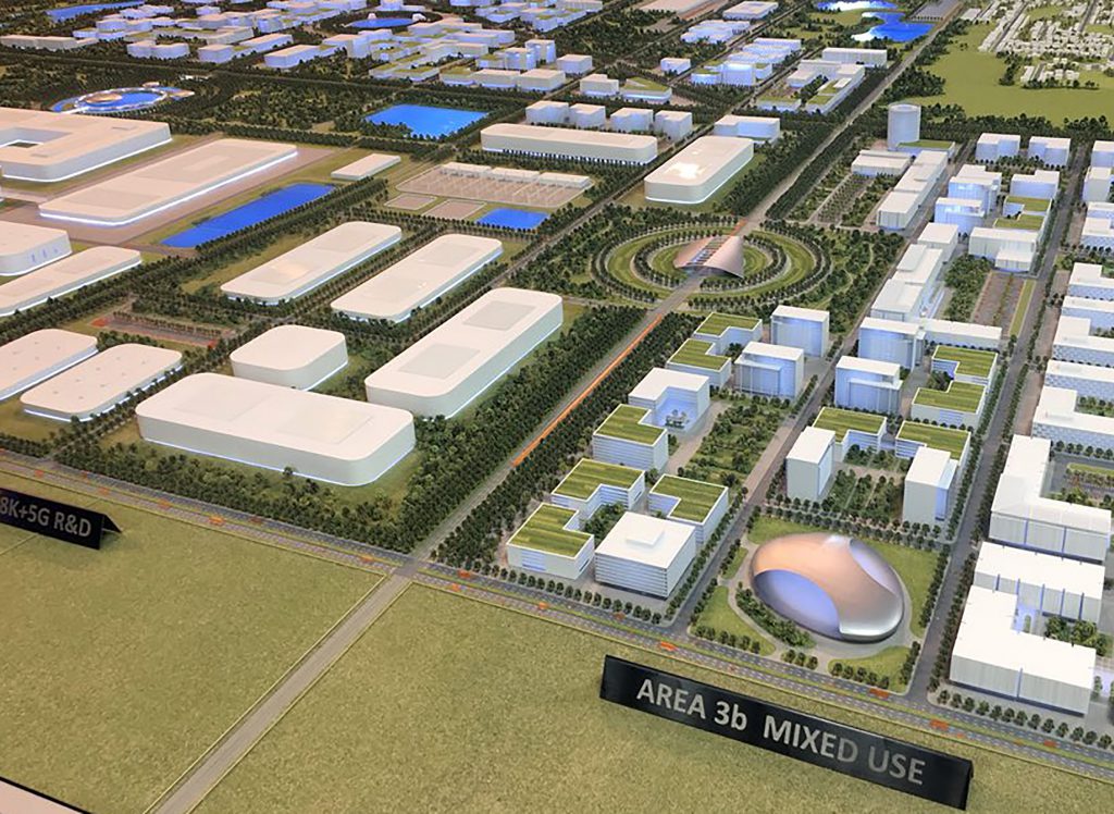 A model of the uses envisioned for the Foxconn campus in Mount Pleasant was featured at the official groundbreaking ceremony in June 2018. Photo from the Wisconsin Economic Development Corporation.