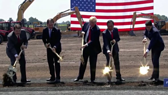 On June 28, 2018, the first Wisconsin Foxconn employee C.P. "Tank" Murdoch, Wisconsin Governor Scott Walker, President Donald Trump, Foxconn CEO Terry Gou and U.S. House Speaker Paul Ryan conducted the ceremonial groundbreaking at the Foxconn campus in Mount Pleasant. Photo from The White House.