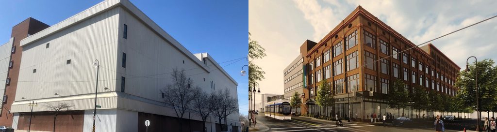 Schuster's Department Store today (left), conceptual rendering of future plans (right, Engberg Anderson Architects, Kahler Slater).