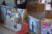 A book shelf in the older toddler classroom, where children learn through a play- and inquiry-based curriculum at Saint Mary's Hospital Child Care Center. Photo by Phoebe Petrovic/WPR.