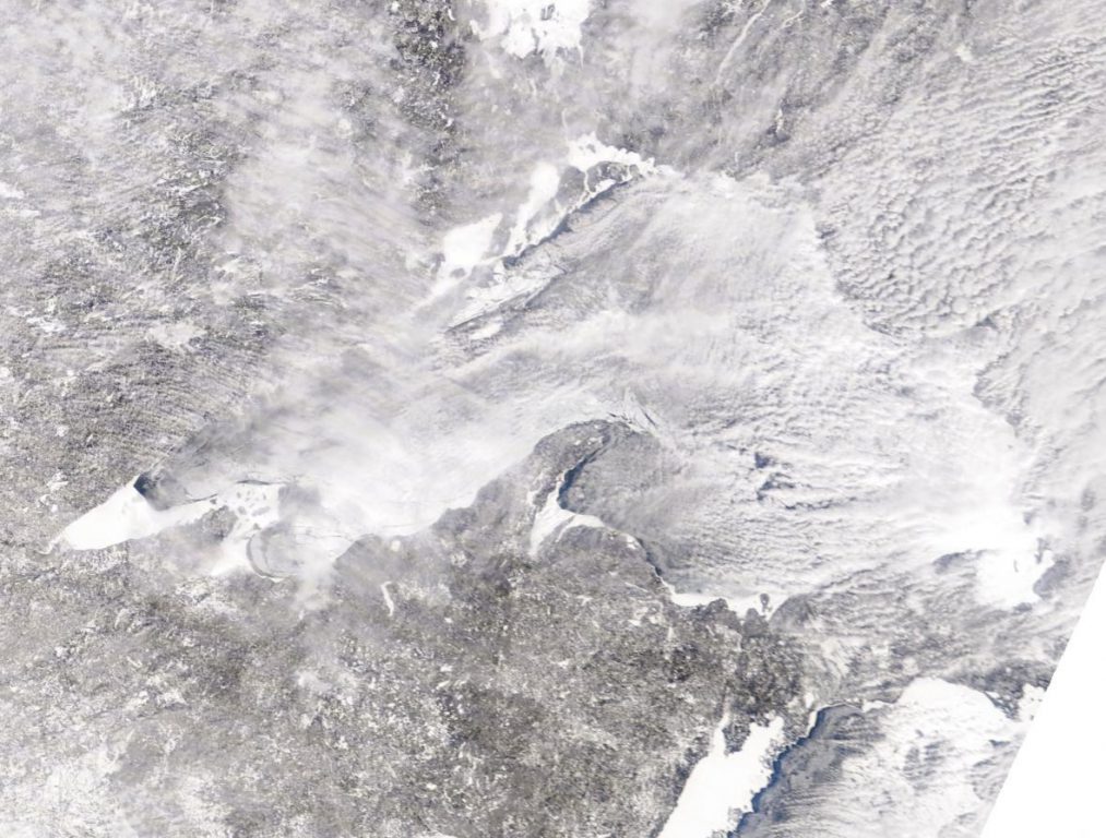 A satellite image of Lake Superior ice cover on March 4, 2019. Photo courtesy of NOAA