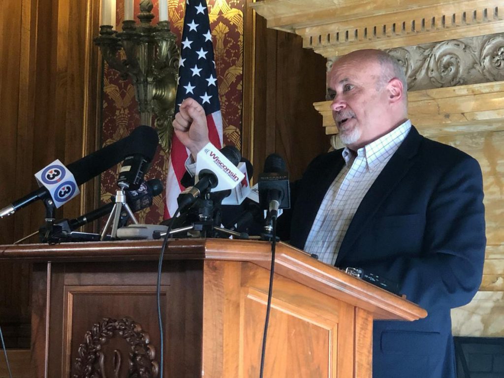 Democratic U.S. Rep. Mark Pocan speaks about a U.S. Immigration and Customs Enforcement raid at a press conference on Monday, March 11, 2019 in Madison. Laurel White/WPR.