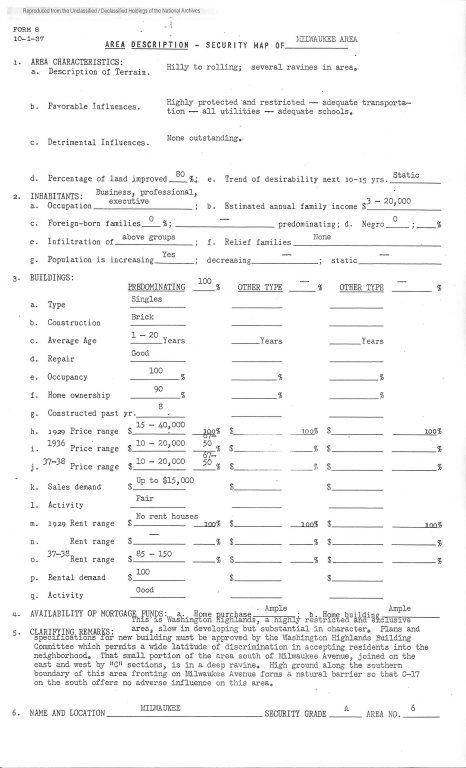 A 1938 Home Owners' Loan Corporation area description of the Washington Highlands section of Wauwatosa notes that a neighborhood committee "permits a wide latitude of discrimination in accepting residents into the neighborhood." Image from the National Archives.