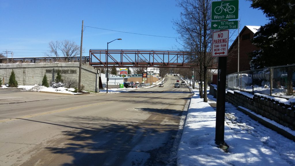 The south end of Hawley Road begins at the Hank Aaron State Trail and S. 60th Street. Photo taken April 15th, 2019 by Carl Baehr.