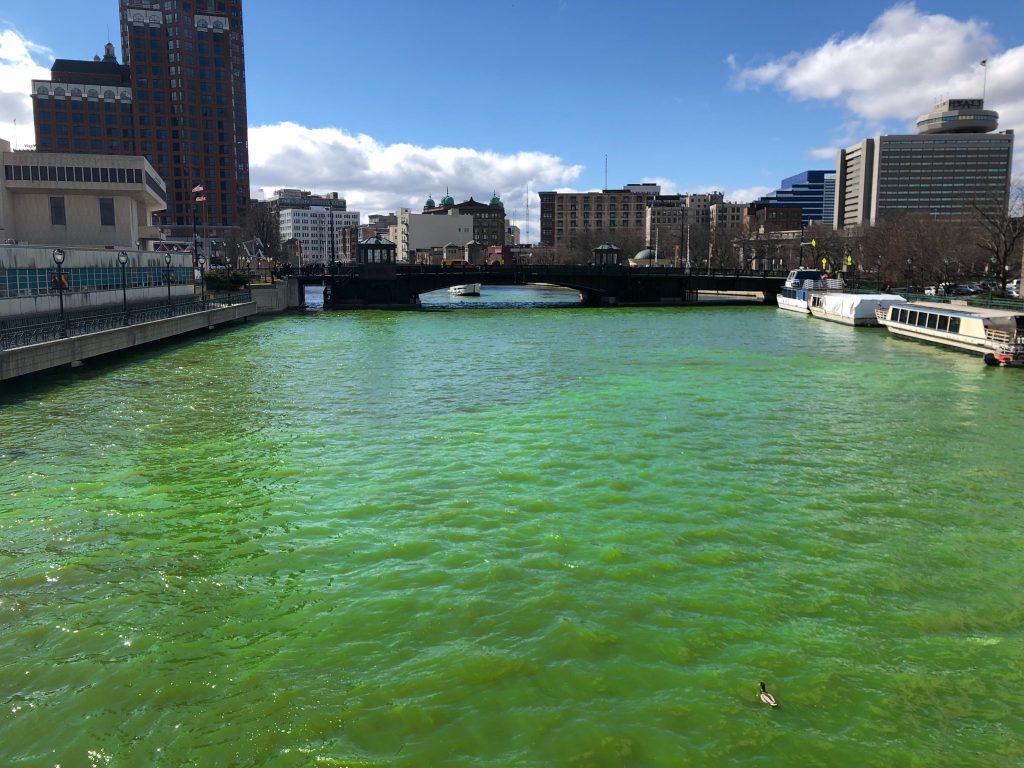The Milwaukee River Turned Green for the Bucks. Photo by Jeramey Jannene.