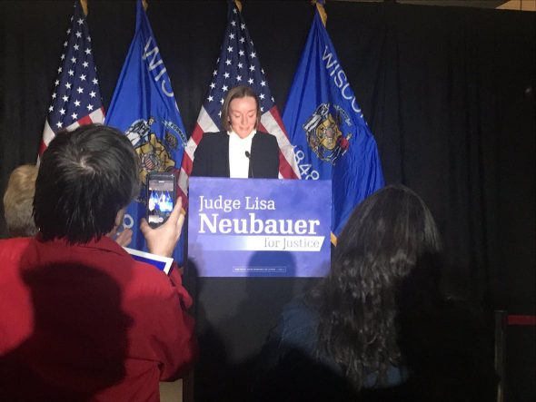 State Rep. Greta Neubauer, daughter of Wisconsin Supreme Court candidate Lisa Neubauer, announced the race is too close to call on Tuesday night. Photo by Corri Hess/WPR.