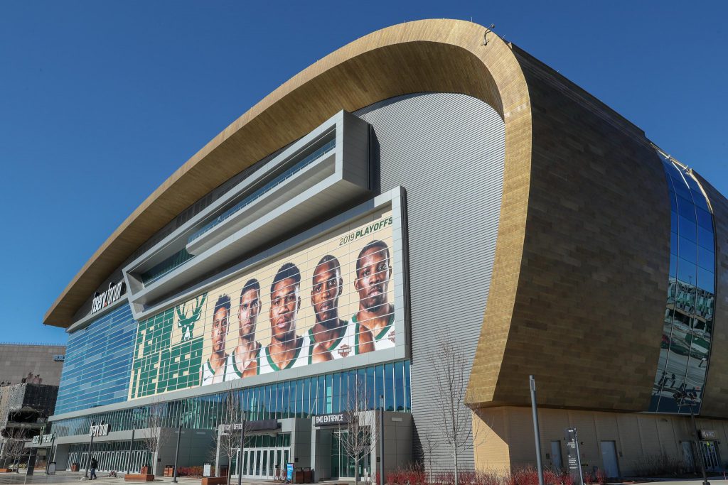 Fiserv Forum with Fear the Deer playoffs graphic. Image from the Milwaukee Bucks.