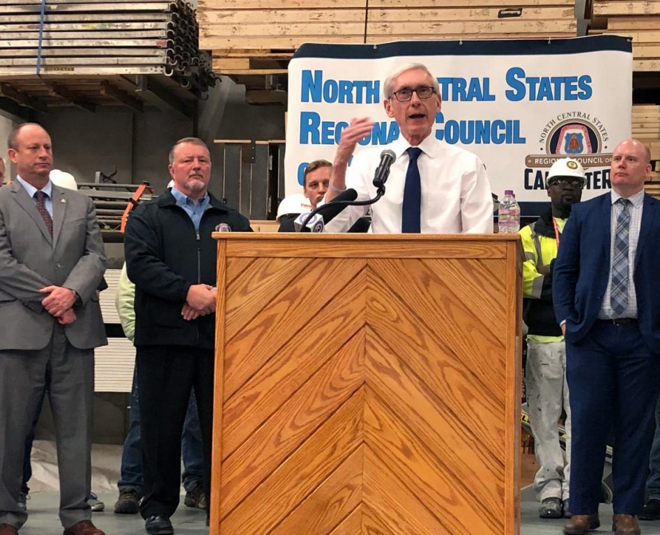 Gov. Tony Evers announces the creation of a task force to address payroll fraud at an event Monday, April 15, 2019 at the Carpenters Union Madison Training Center in Madison. Photo by Laurel White/WPR.