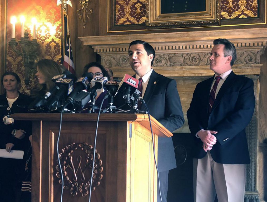 Attorney General Josh Kaul is joined by lawmakers announcing legislation aimed at preventing a backlog of sexual assault kits in Wisconsin. Photo by Laurel White/WPR.