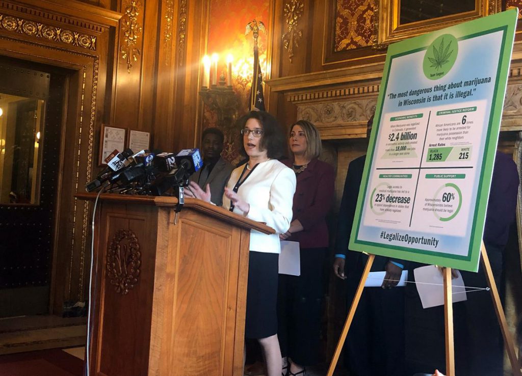 Rep. Melissa Sargent, D-Madison, spoke at the Capitol Thursday, April 18, 2019, about a bill she's going to introduce that would legalize marijuana for recreational and medical use. Photo by Laurel White/WPR.
