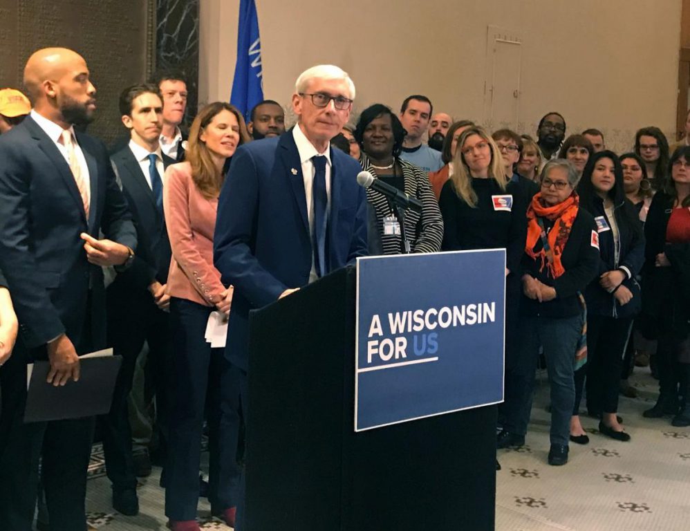 Gov. Tony Evers speaks at a press conference Thursday, May 2 2019. Photo by Corrinne Hess/WPR.