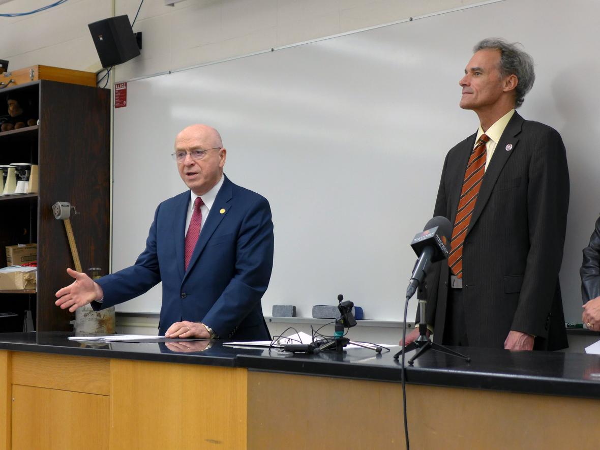 UW System President Ray Cross, left, speaking in a lab at UW-La Crosse's Cowley Hall with Chancellor Joe Gow on Tuesday, May 21 2019. Photo by Hope Kirwan/WPR.