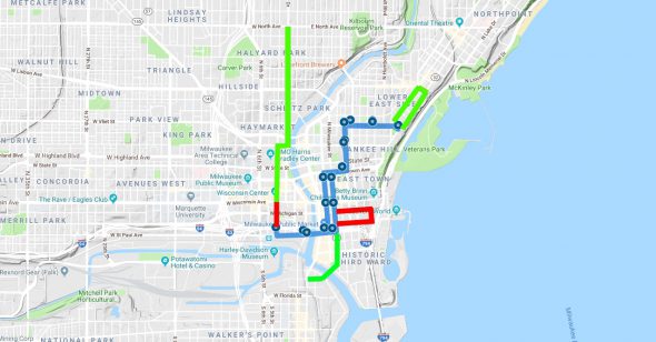 The Hop existing route and proposed extensions. Red, planned for completion in 2020. Green, engineering and study planned, construction unfunded. Image from Urban Milwaukee.