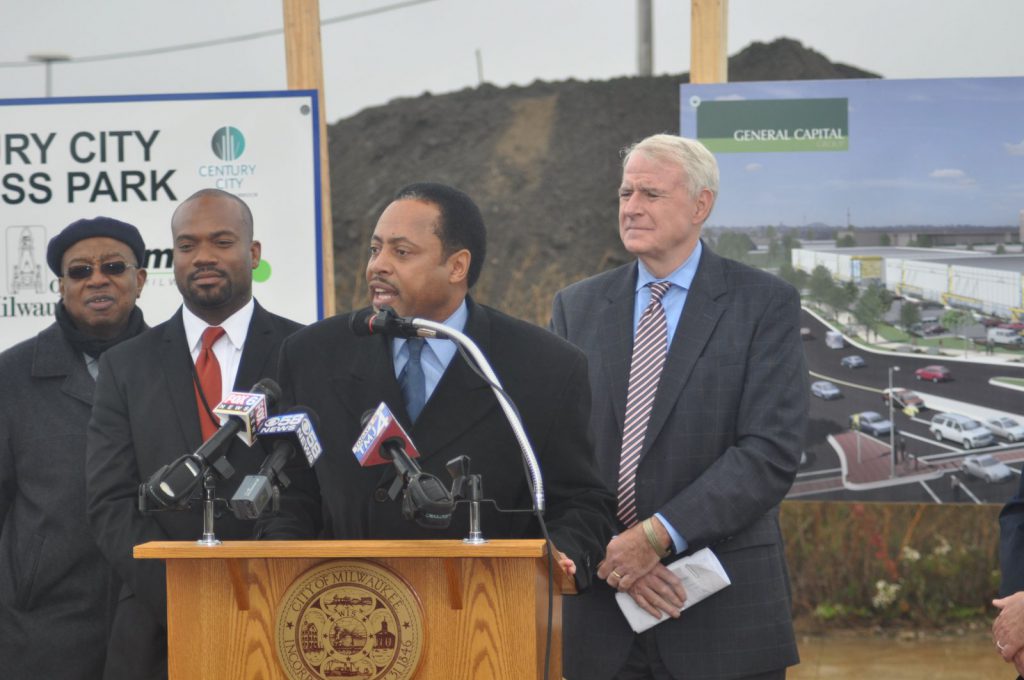 Ald. Willie Wade speaks at Century City groundbreaking. Photo taken October 14th, 2014 by Susan Nusser.