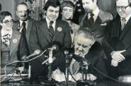 In 1979, Wisconsin Gov. Lee Sherman Dreyfus signed the bill that created the Citizen Utility Board. Others pictured include Lorraine Barniskis, policy director for House Majority Leader Jim Wahner; Rep. Wayne Wood; Rep. Wahner; Sen. Joe Strohl; Rep. John Norquist; Sen. David Berger; and Senate Majority Leader Bill Bablitch. Photo courtesy of the Wisconsin Citizens Utility Board.