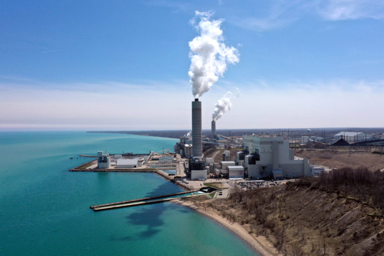 Environmentalists oppose a proposal by We Energies to change the way mercury is measured in water that it discharges to Lake Michigan from the Oak Creek Power Plant and Elm Road Generating Station, seen here on April 25, 2019. The plants, in Oak Creek, Wis., are coal-fired electrical power stations. Photo by Coburn Dukehart/Wisconsin Watch.