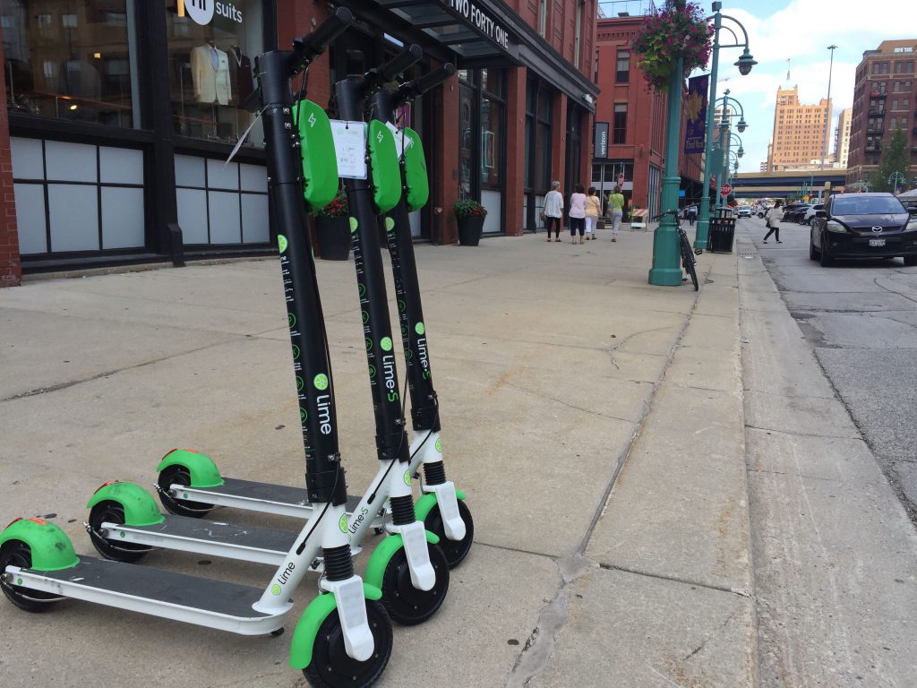 Lime scooters on Broadway in the Historic Third Ward. File photo by Dave Reid.