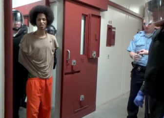 Inmate Robert Tatum is seen in this video screengrab being extracted from his solitary confinement cell at the Wisconsin Secure Program Facility in Boscobel, Wis., on April 28, 2015. The Boscobel prison is among the two of Wisconsin’s 20 adult prisons that are not currently over capacity. Overall, the system has 33 percent more prisoners than it is designed to hold. Photo from the Wisconsin Department of Corrections.