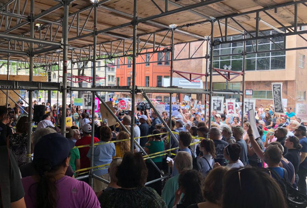 About 200 protesters gathered Tuesday, July 2, 2019 outside of the Milwaukee Federal Building in downtown Milwaukee. Photo by Corrinne Hess/WPR.