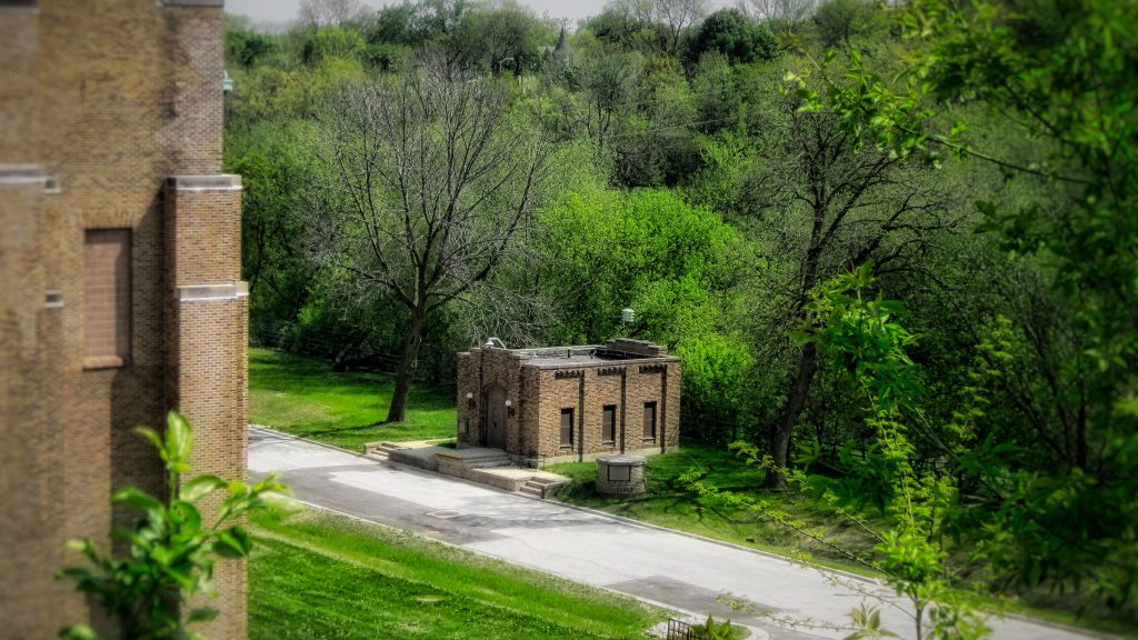 This tidy little brick building is the pumping station’s former chlorine house. Chlorine gas was once injected into the incoming water supply for extra purification. Today all water treatment is handled by the city’s two filtration plants. Photo by Carl A. Swanson.