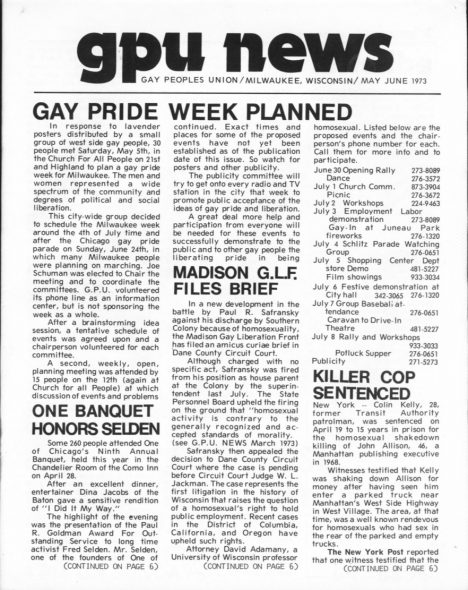 GPU News: Gay Pride Week Planned. Photo courtesy of the Wisconsin LGBTQ History Project.