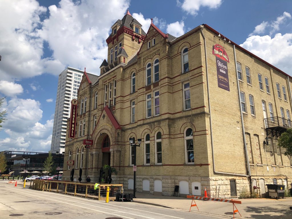 New signs and parklet at Turner Hall. Photo by Jeramey Jannene.