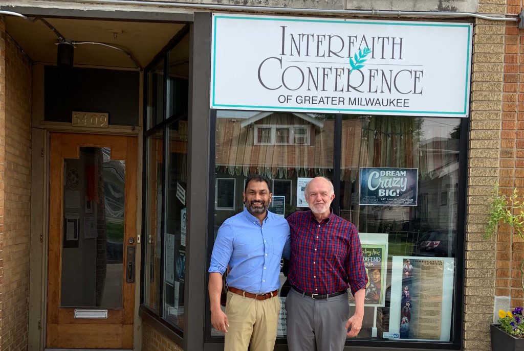 Pardeep Kaleka, left, the new executive director for the Interfaith Conference of Greater Milwaukee, with his predecessor, Tom Heinen. Photo courtesy of the Wisconsin Examiner.