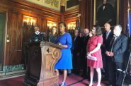 Sen. Lena Taylor, center, speaks at a press conference Wednesday, Aug. 7, 2019 at the state Capitol where Democratic lawmakers introduced bills addressing the reporting of childhood sexual assault. Photo by Laurel White/WPR.