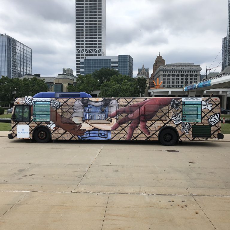 The 2019 ArtXpress Milwaukee county bus mural will be displayed for a month in a half. The partnership between the Milwaukee Art Museum and public transit system has been ongoing since 2003. Photo courtesy of the Milwaukee Art Museum.