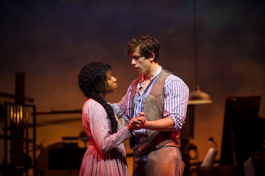 (l. to r.) Brittani Moore (Laurey Williams) and Lucas Pastrana (Curly McLain) in Skylight Music Theatre’s production of Oklahoma! September 27 – October 13. Photo by Mark Frohna.