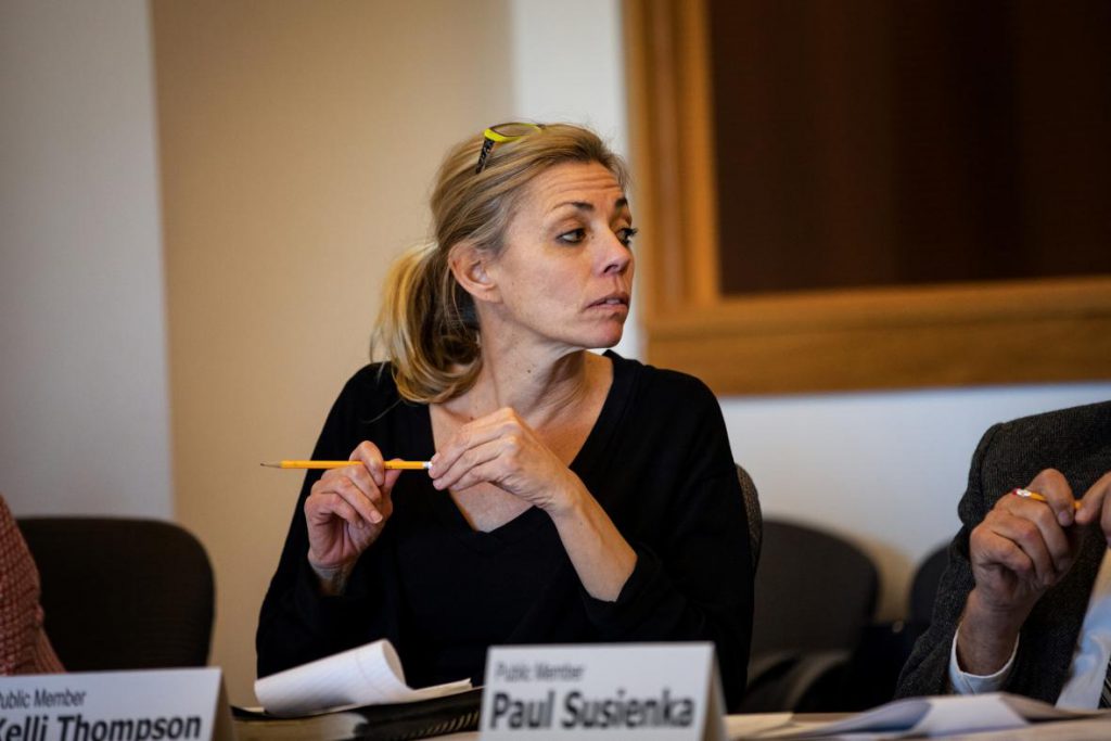 State Public Defender Kelli Thompson is seen at the Oct. 16, 2018, meeting of the Legislative Study Committee on Bail and Conditions of Pretrial Release. At a December 2018 meeting, Thompson, a member of the committee, remarked, "We have people every single day that are being put in custody on high cash bail based on poverty alone." Photo by Emily Hamer/Wisconsin Center for Investigative Journalism.