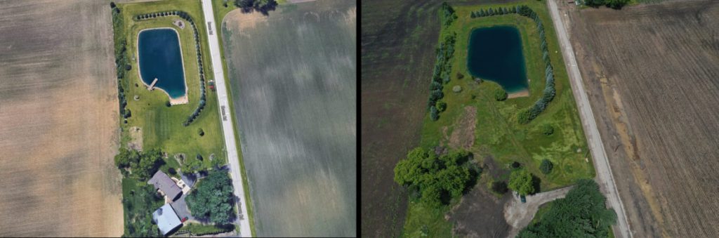 On the left is the Mueller family home at 9725 Braun Road in Sturtevant, Wis., and on the right is the vacant lot where their home once stood. Their house was demolished to make way for road improvements related to the Foxconn project. Wisconsin Public Radio has learned that the road widening had been scuttled even before they were told by the village of Mount Pleasant that they needed to move. “I wouldn’t wish this upon anybody,” Joy Mueller says. “They (village officials) bring the word ‘snake’ to a new level for me.” Drone photo (right) taken July 1, 2019. Left: Google Maps. Right: Coburn Dukehart / Wisconsin Watch.
