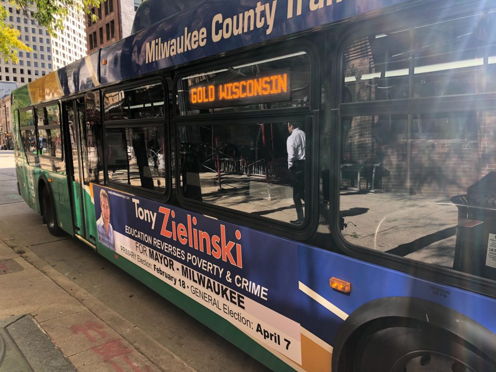Tony Zielinski for Mayor bus ad. Photo by Jeramey Jannene.